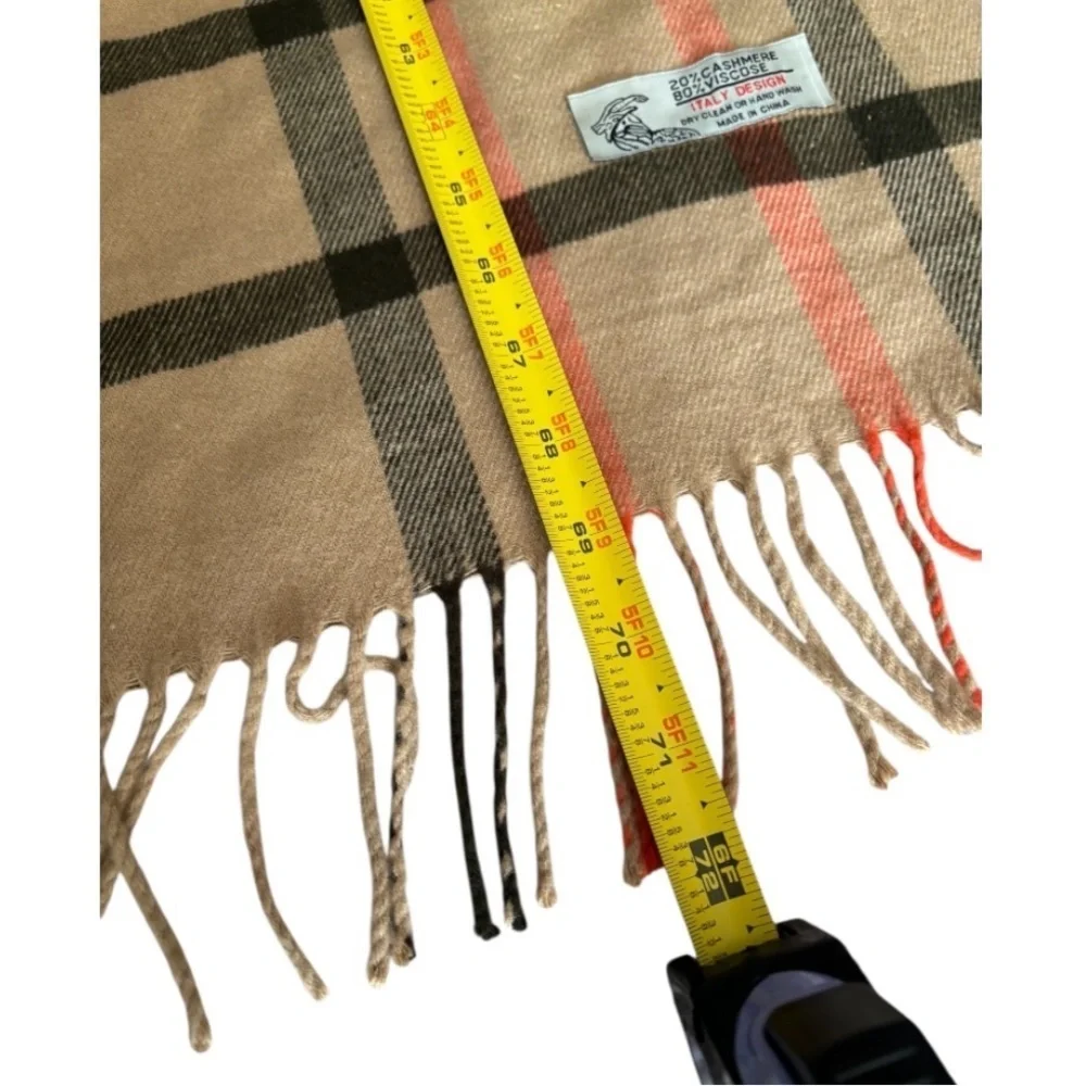 Italy Design Cashmere Blend Unisex Classic Beige, Orange & Black Checkered Scarf